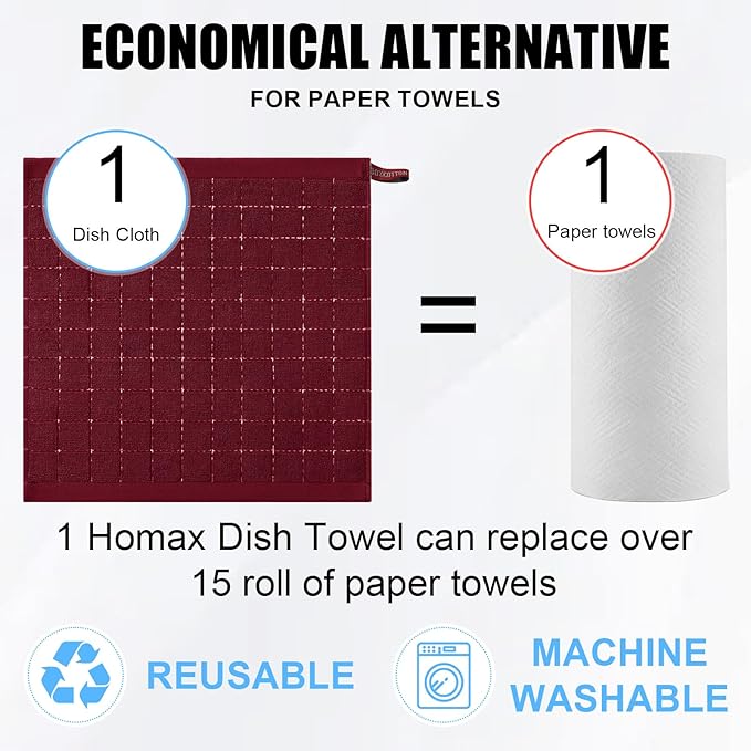 Homaxy 100% Cotton Terry Kitchen Dish Cloths, Ultra Soft and Absorbent Dish Towels for Kitchen, Suitable for Drying and Washing Dishes, 8 Pack, 12 x 12 Inches, Brick Red