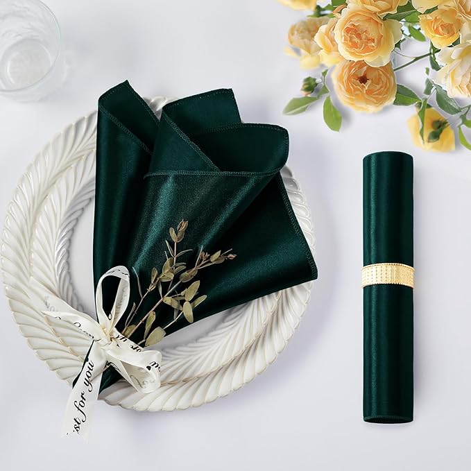 KKJIAF Hunter Green Silky Satin Napkins (12 Pieces, 17x17 Inches),Washable Polyester Square Table Napkins for Wedding Dinner Party Decoration