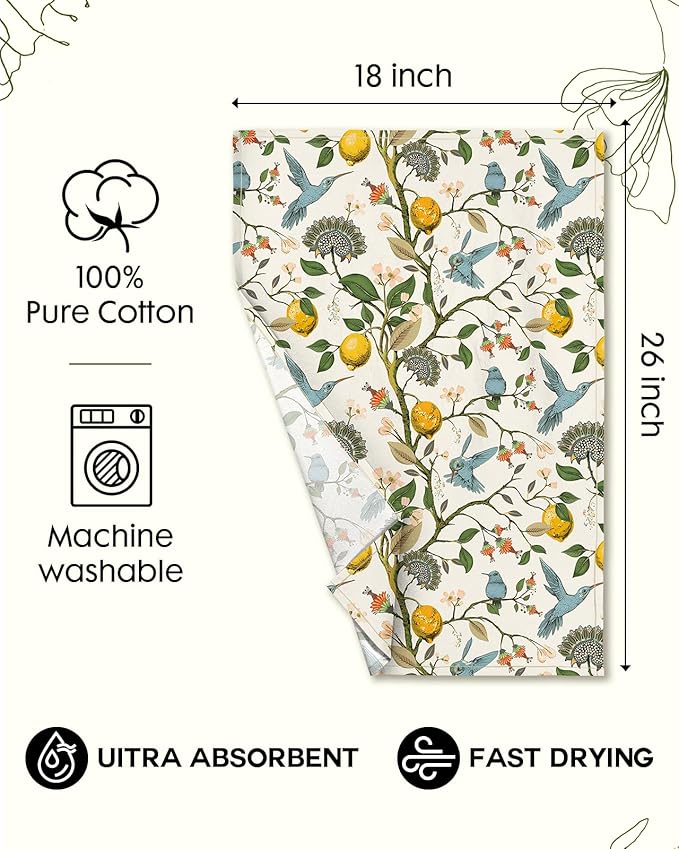 Miss Adola Flour Sack Kitchen Towels Set of 2-18x26 Cotton Dish Towels with Hanging Loop Reusable Tea Towel for Cleaning Spring Absorbent Dishcloths Cute Home Decor Housewarming, Lemon Birds