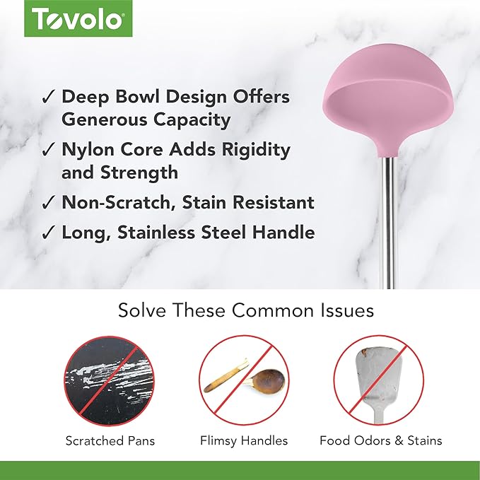 Tovolo Silicone Ladle with Stainless Steel Handle Pink Sorbet Soup Ladle Large, Dishwasher Safe Heat Resistant BPA Silicone Ladle Deep Spoon with Reinforced Nylon Core for Soup, Stew, Sauce & Punch