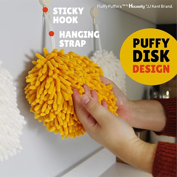 JJ KENT Fluffy Puffins Microfiber Hand Towels - Set of 3 Fluffy Hand Towels with Wall Hook Attachment - Quick and Easy Hand Drying Puffs