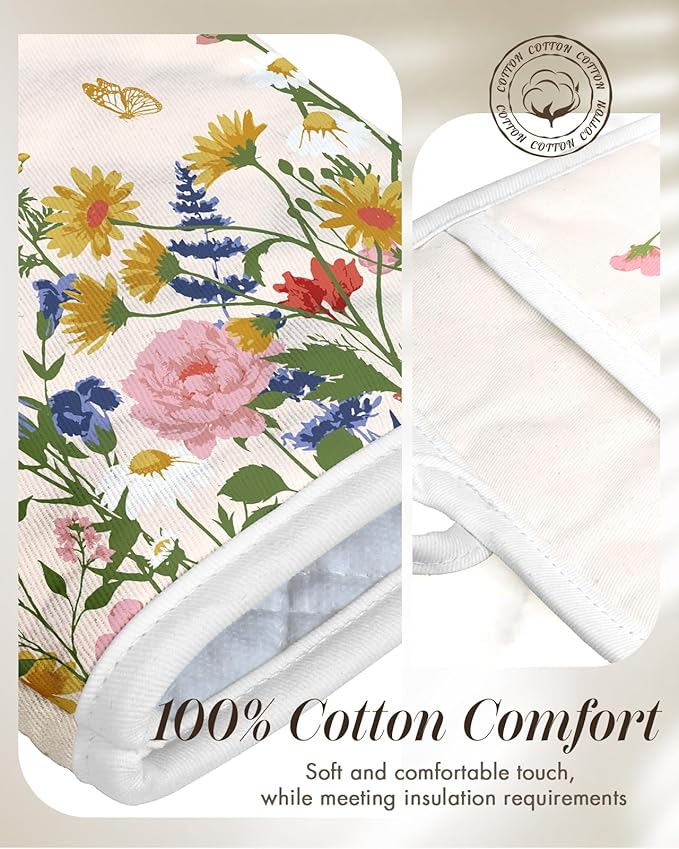 Miss Adola Cotton Oven Mitts and Pot Holders Sets - Quilted Lining Heat Resistant 4 Pieces Set with Hanging Loop Cute Farmhouse Boho Spring Kitchen Decor and Accessories, Retro Flower