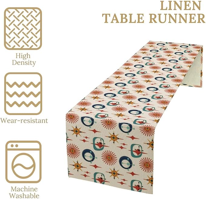 Mid Century Table Runner Retro Abstract Atomic Starbursts Boho Geometric Art Printed Dinner Runner for Home Kitchen Dining Table Decor Fabric 1 Panel W13xL108in