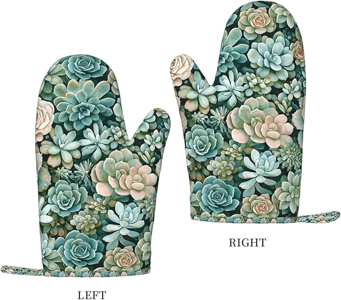 Succulents Silicone Oven Mitts Set of 2, Heat Resistant up to 500°F, Kitchen Oven Gloves with Non-Slip Grip and Soft Cotton Lining for Baking, Cooking and BBQ