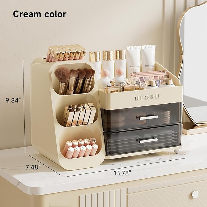 Makeup Organizer for Vanity with Brush Holder, Large Plastic Bathroom Countertop Skincare Organizer with 2 Drawers, Spacious Cosmetic Display Case for Perfumes, Eyeshadow Palettes, Nail Polishes