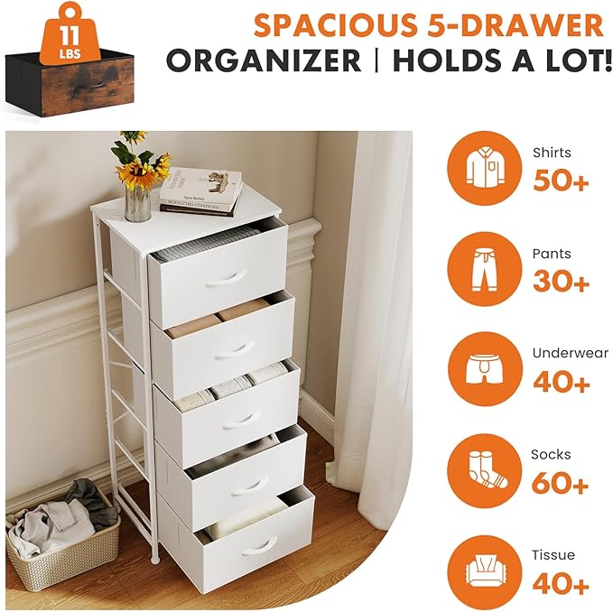 Sweetcrispy 5 Drawer Dresser with Fabric Bins, Sturdy Steel Frame and Wood Top, Storage Organizer Chest for Bedroom, Closet, Hallway, White