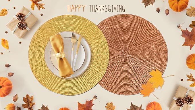 FunWheat Round Braided Placemats Set of 6 Table Mats for Dining Tables Woven Washable Non-Slip Place mats 15 Inch(Pumpkin Yellow, 6pcs