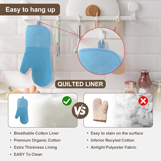 Silicone Oven Mitts-13.6 in Extended Oven Mitts Heat Resistant 500F, Oven Gloves with Soft Liner Good Grippy BPA-Free Easy to Clean Flexible-Oven Mits Set for Cooking Baking Grilling BBQ