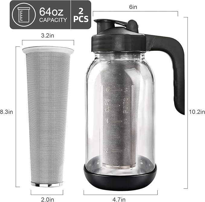 2 PCS Cold Brew Coffee Maker,64 oz Mason Jar Pour Spout Lid, Refillable Stainless Steel Filter,Non-slip Silicone Sleeve for Glass Pitcher, Homemade Beverage,For Home Baristas & Coffee Enthusiasts