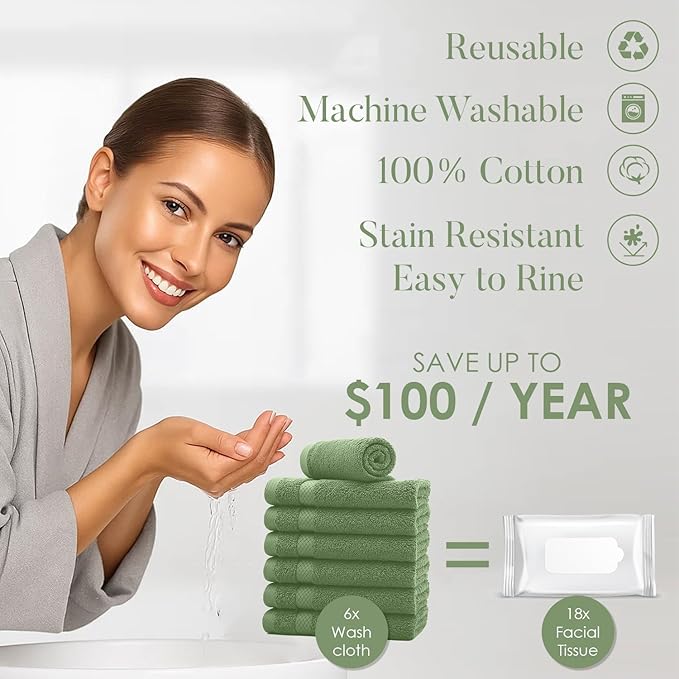 DAN RIVER 12-Pack Premium 100% Cotton Sage Green Face Towels for Bathroom - Reusable Face Wash Cloths for Showering 12x12 Inches - 550 GSM Super Soft & Absorbent Luxury WashCloths for Body, Spa & Gym