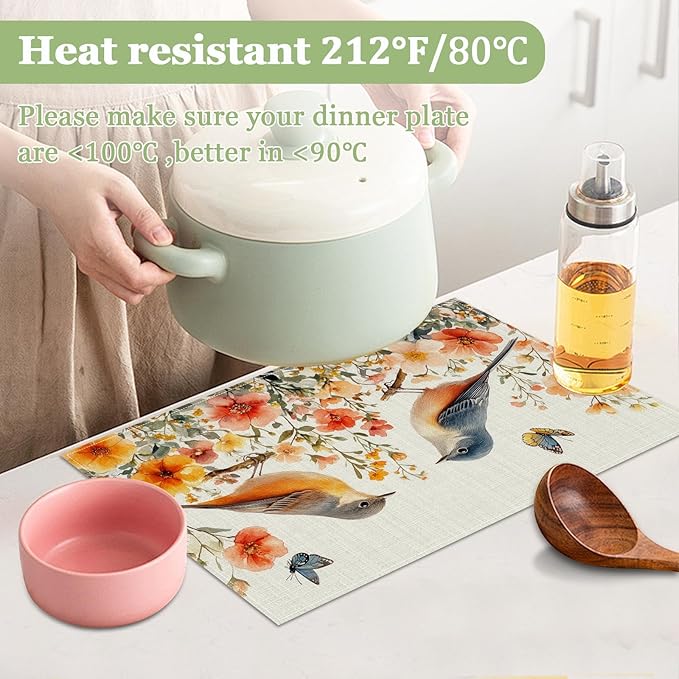 Spring Bird Flower Floral Placemats Set of 6, Washable Heat Resistant Table Mat Watercolor Floral Linen Place Mats for Party Kitchen Dining Home Decor 12x18 Inch