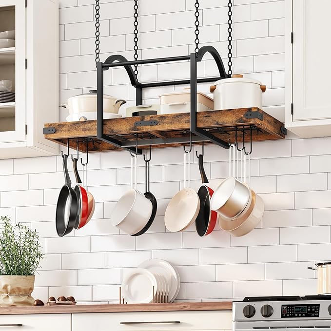 HOOBRO Hanging Pot Rack, 32-Inch Pot Hanger for Kitchen, Hanging Pan Rack with 10 Detachable S Hooks, Sturdy Metal Fram, for Pot, Pan Storage, Space-Saving, Rustic Brown and Black BF80TL01