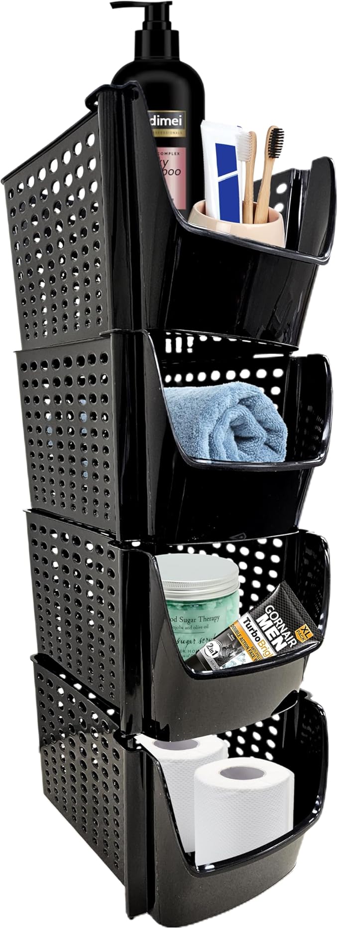 Skywin TidyFriend Plastic Stackable Storage Bins for Pantry -4 Pack Stackable Bins For Organizing Food, Kitchen, and Bathroom Essentials (Black)