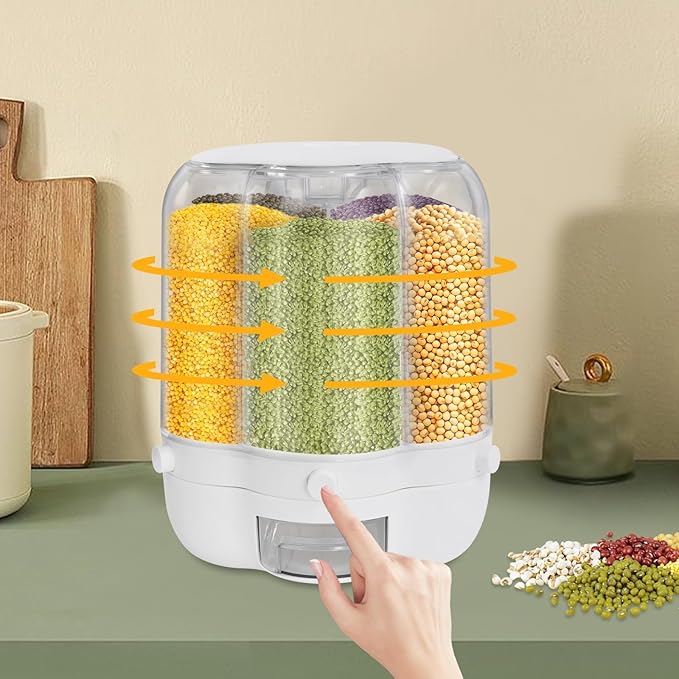 Cereal Dispenser, 6-grid 360° Rotating Grain Dispenser, 6 in 1 Sealed Clear Rice Dispenser, 12.5kg/27.56lbs Grain Storage Container, PP+PET Flower Shape Granular Dry Food Dispenser, 10.35*12.6in White