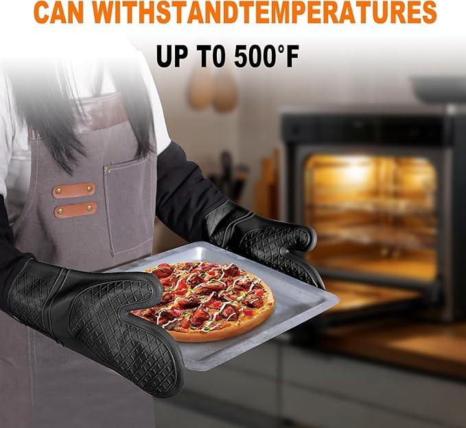 Linwnil Extra Long Silicone Oven Mitts Heavy Duty Commercial Grade Oven Mitts Heat Resistant BBQ Gloves with Quilted Cotton Lining 2 Pack (Black)
