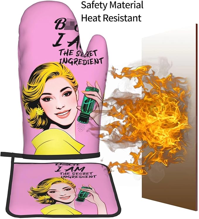 Cute Pink Oven Mitts and Pot Holders Set of 3, Heat Resistant Non-Slip Funny Hot Pad and Kitchen Gloves, Spring Funny Gifts for Cooking Lovers Women, Fun Kitchen Decor for Baking Cooking Grilling