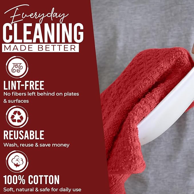 DAN RIVER Premium Kitchen Towels - [Pack of 6] 100% Cotton (16x 26 Inches) -Super Soft,Highly Absorbent, Quick Dry, Dish Towels for Kitchen Towels - Red