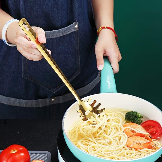 Gold Spaghetti Spoon, Berglander Pasta Server With Titanium Gold Plating, Stainless Steel Spaghetti Server For Cooking, Pasta Fork, Noddle Fork, Dishwasher Safe, Easy to Clean