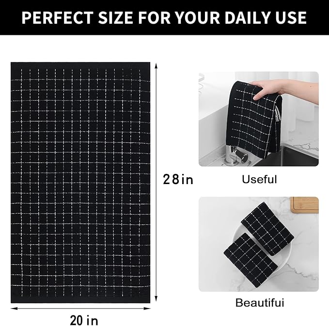 Homaxy 100% Cotton Terry Kitchen Towels(Black, 20 x 28 inches), Checkered Designed, Soft and Super Absorbent Dish Towels, Large 8 Pack
