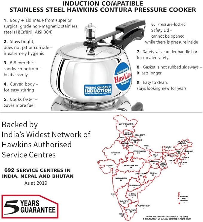 Hawkins 3 Litre Contura Pressure Cooker, Stainless Steel Inner Lid Cooker, Handi Cooker, Induction Cooker, Silver (SSC30)