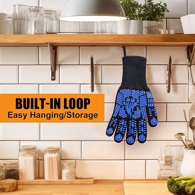 BBQ Gloves, Oven Gloves, 1472°F Extreme Heat Resistant Barbecue Gloves, Silicone Non-Slip Oven Mitts, Kitchen for Cooking, Grilling, and Baking (Blue)