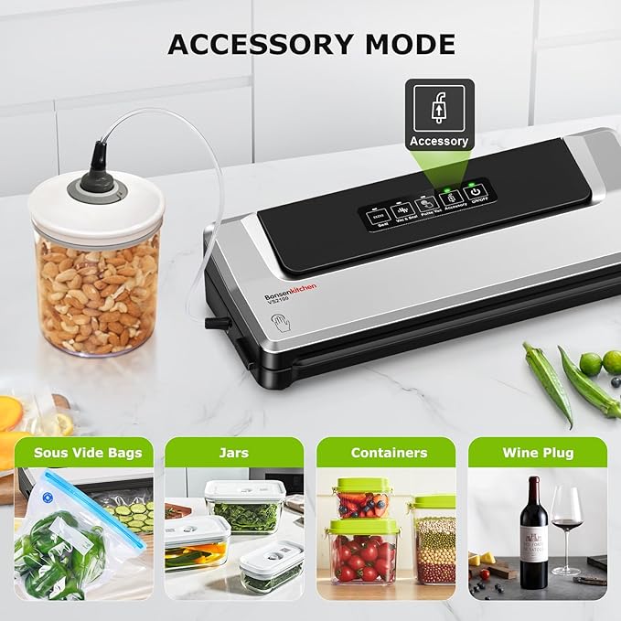 Bonsenkitchen Vacuum Sealer Machine | Compact Food Sealer for Kitchen Storage & Meal Prep | Multiple Modes | External Vacuum System | 5 Bags, Silver