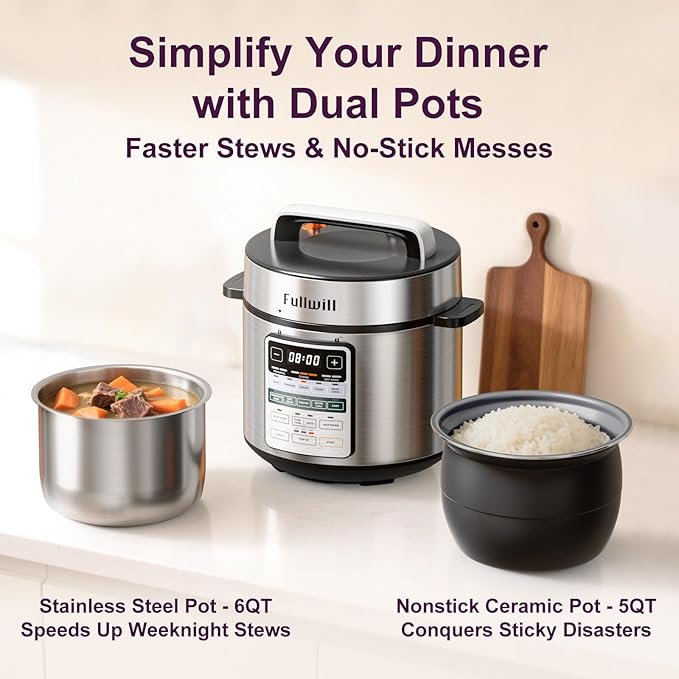 Fullwill Dual-Pot Electric Pressure Cooker 6+5QT(2026 Upgraded), 12-in-1 Multi-Cooker for Pressure Cooking, Soup, Yogurt, Stew, Rice
