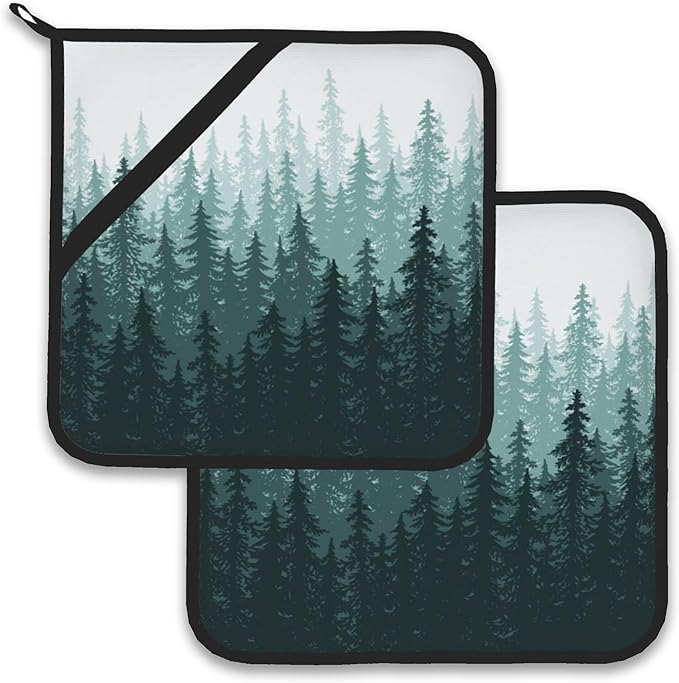 Misty Forest Landscape Pot Holder Set of 2,Heat Resistant Potholders Oven Hot Pads for Kitchen Cooking Baking BBQ