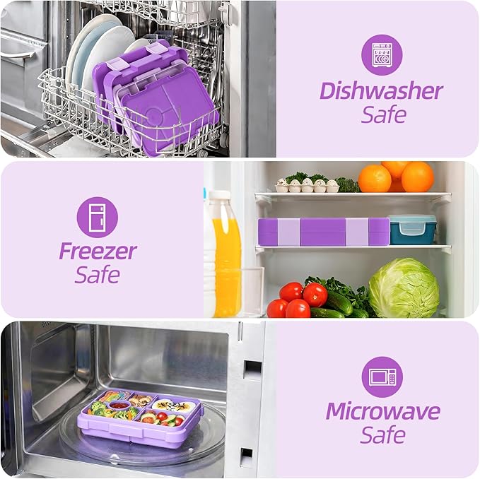 Bento Lunch Box for Kids, 6 Compartments BPA Free, Dishwasher Safe Back to School Snack Bento Lunch Containers Boxes, Ideal Portion Sizes for On-the-Go Meal, Ages 3+, School, Purple