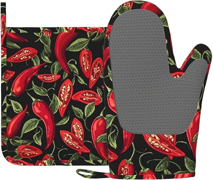 Mexican Hot Pepper Chili Oven Mitt and Pot Holder with Silicone Heat Resistant Kitchen for Cooking BBQ Baking Grilling Cooking Protection