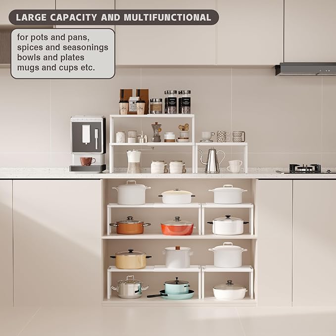 Magheo Expandable Cabinet Shelf Organizer, 1 Pack Stackable Kitchen Counter Shelf Riser, Metal Spice Rack Adjustable Heavy Duty Countertop Organizer Storage for Kitchen, Pantry, Cupboard, Rv (White)