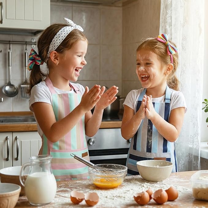 2 Pack Stripes Kids Apron, Kids Cooking Aprons with 2 Pockets, Cute Aprons for Cooking for Boys and Girls
