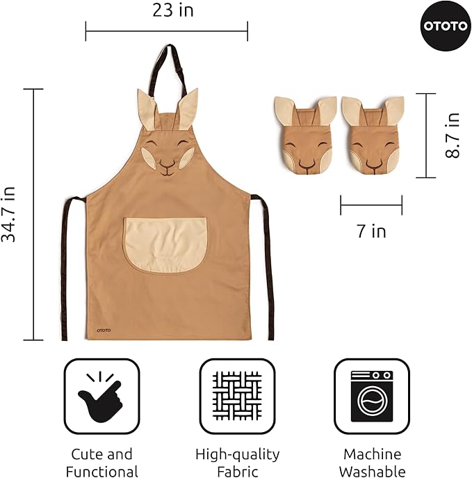 OTOTO Aproo Kitchen Set – Oven Mitts and Chef Apron with Pockets, Cute Cooking Accessories, Funny Kitchen Gift, Kangaroo (Brown Aproo Set)