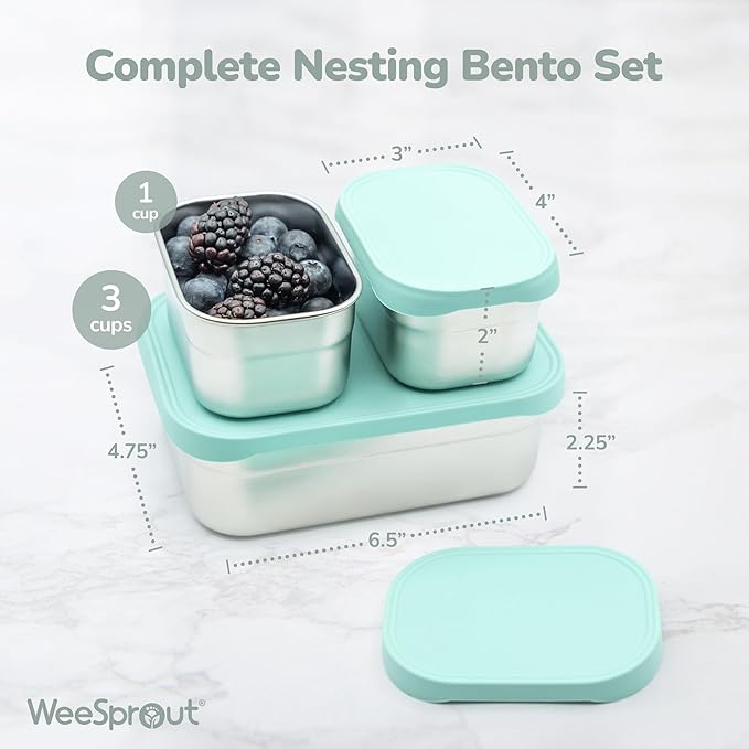 WeeSprout Stainless Steel Lunch Box Set - 750mL & 230mL Food Storage Nested Bento Boxes with Food Grade Silicone Lid - Leak Proof - Freezer Safe (Pastel Mint)