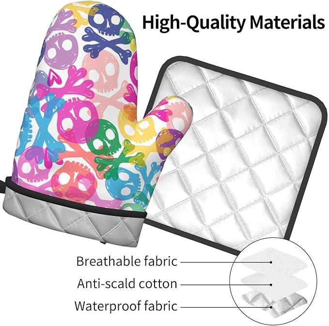 Colorful Skulls Oven Mitts and Pot Holders Heat Resistant Oven Mitts Safe for Baking Cooking BBQ
