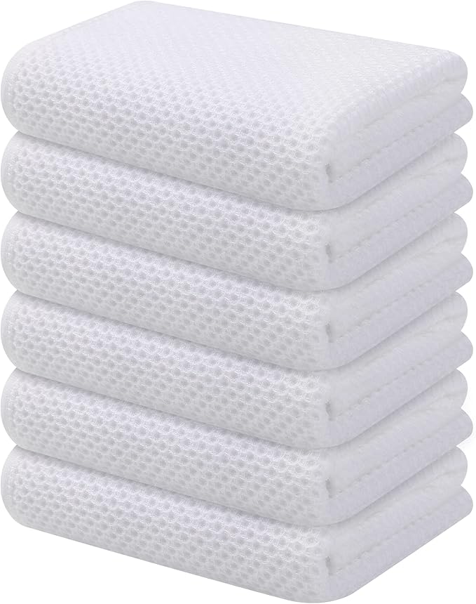 Kitinjoy 100% Cotton Waffle Weave Kitchen Hand Towels (13 X 28 Inches, White), 6-Pack Super Soft and Absorbent Dish Towel for Drying Dishes