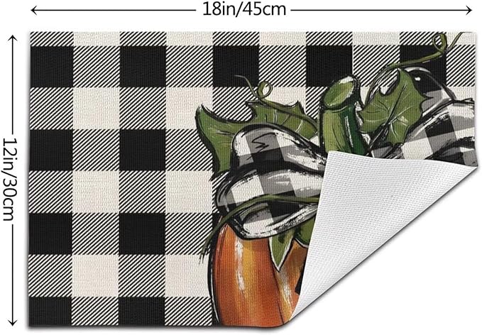 Fall Pumpkin Placemats 12x18 Inch Set of 4, Black White Plaids Pumpkin Table Place Mat Thanksgiving Autumn Orange Harvest Washable Table Mats Decorative Linen Fabric Table Mat for Dining Table