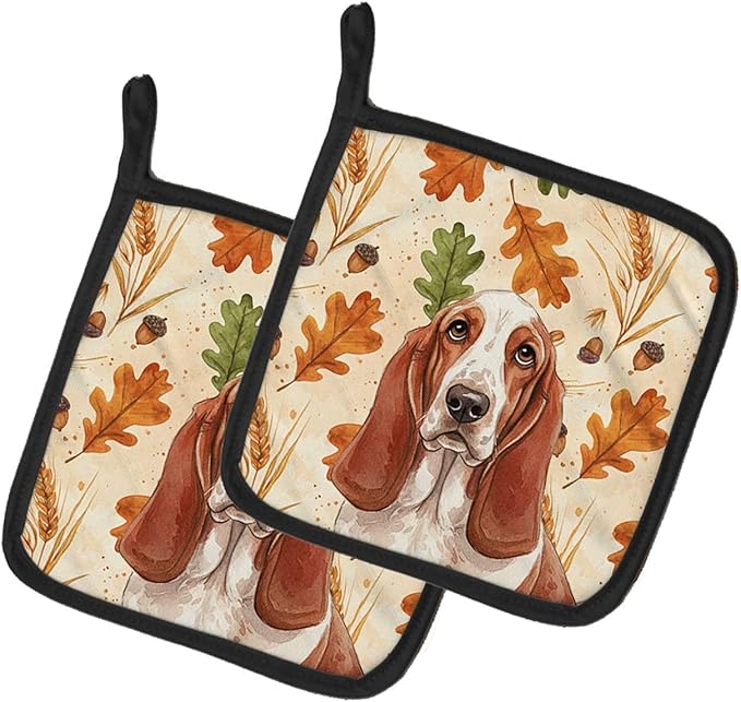 Caroline's Treasures Red and White Basset Hound Heirloom Fall Pair of Pot Holders Pair 7.5x7.5 Quilted Insulated Hot Pads Decorative Kitchen Gift Made in USA