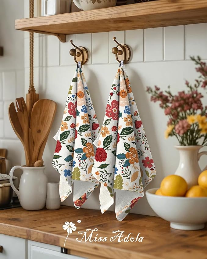 Miss Adola Cotton Kitchen Towels Set of 2 - Cute Design 16×26 Inch Dish Towels for Kitchen with Hanging Loop Beige Flower Quick Dry Hand Towels Soft & Absorbent, Decorative Terry Cloth Tea Towels