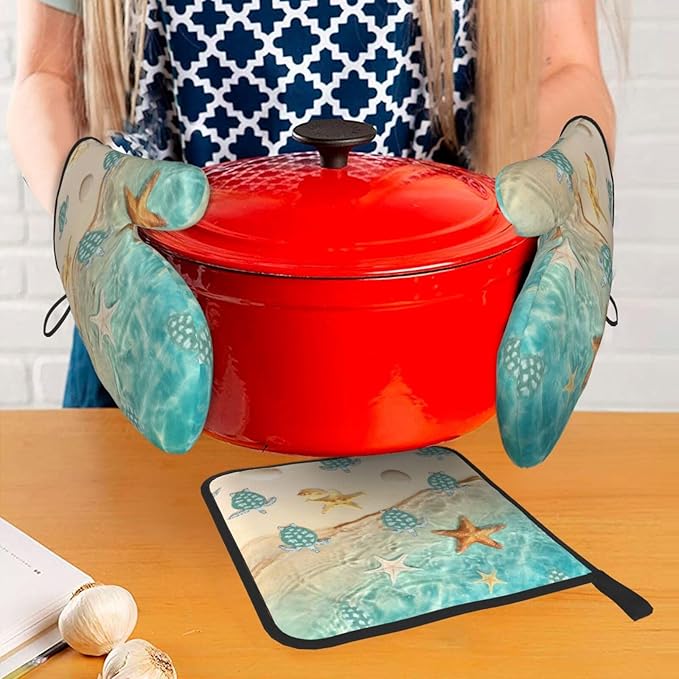 Sea Turtles Beach Oven Mitts and Pot Holders Sets of 3 Nautical Kitchen Decor Heat Resistant Hot Pads Teal Nautical Decorative Oven Gloves for Cooking Grilling Baking