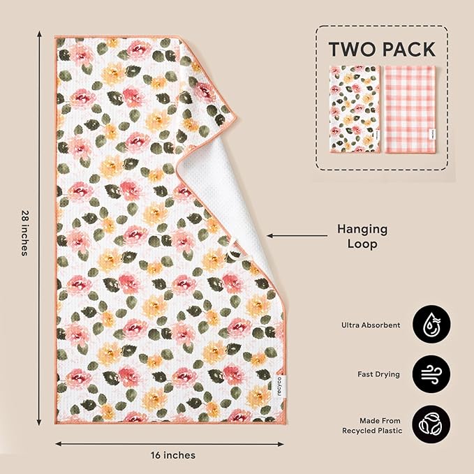 RECYCO Waffle Kitchen Towel Set of 2 - Quick Dry Microfiber Sustainable Dish Towels - Absorbent Reusable Cleaning Tea Towels - Lightweight Hand Towels,16”x 28”, Rose Plaid