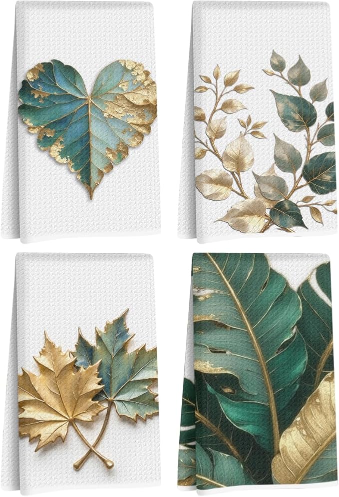 4 Pcs Tropical Palm Leaves Kitchen Towels, Beach Tea Hand Towel, Monstera Leaves Dish Cloths for Drying Dishes, Waffle Dish Towels for Kitchen Bathroom Home Decor, Housewarming Gifts for Women Mom