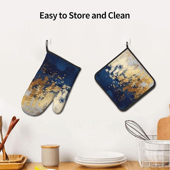 Blue and Gold Watercolor Abstract Oven Mitts and Pot Holder Sets of 3, Non-Slip Heat Resistant Decor Navy Kitchen Gloves with Hanging Loop for Cooking Baking Grilling, Kitchen Gifts for Cooking Lover