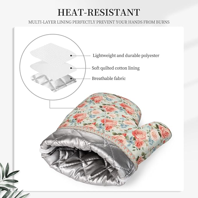 Oven Mitts and Pot Holders Rose Flower Vintage Botanical Silicone Kitchen Accessories Set of 2 Heat Resistant Long Gloves Potholder Non-Slip Grip for Chef Cooking,Baking,Grilling,BBQ