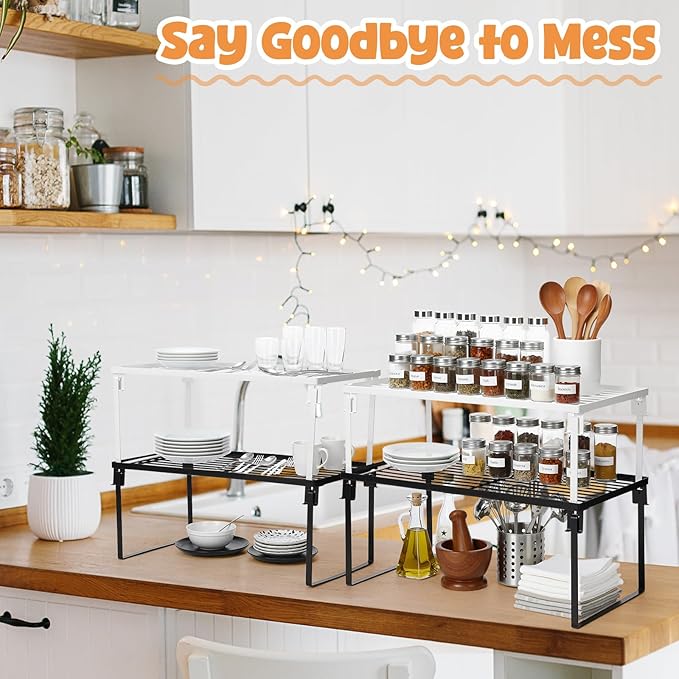 4 Pack Black and White Stackable Metal Kitchen Storage Shelf Foldable Racks, Pantry Shelf Cabinet Organizers, Expandable Storage Rack for Cabinet Fridge Bathroom (Metal)