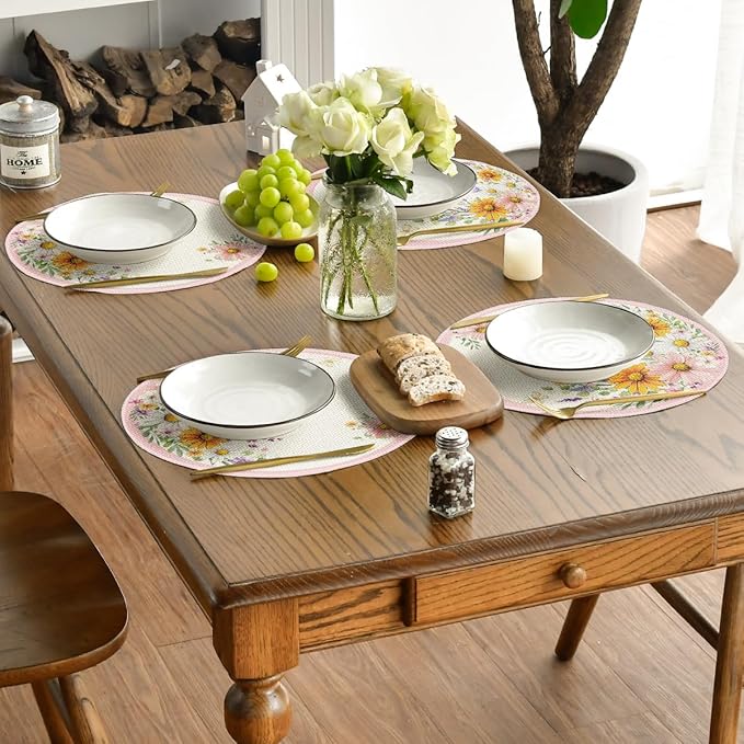 Artoid Mode Pink Sunflowers Butterfly Round Spring Placemats Set of 4, 14 Inch Summer Round Table Mats for Dining Decoration