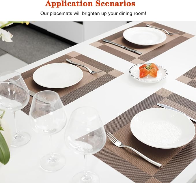 Placemats Set of 12,Washable,Heat and Stain Resistant Indoor/Outdoor Place mats,Vinyl Woven Non Slip Table Mats for Restaurant Table Protection,PVC Placemats(Brown,12PCS)