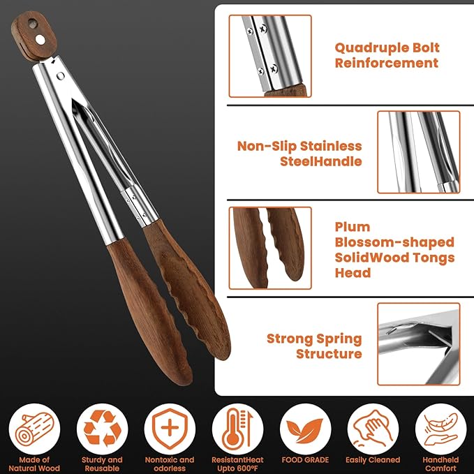 Wooden Tongs for Cooking Set of 3-7, 9, 12 inch Natural Walnut Kitchen Tongs with Stainless Steel, Heat Resistant Non-Scratch Utensils for Grilling, Serving, Salad, BBQ