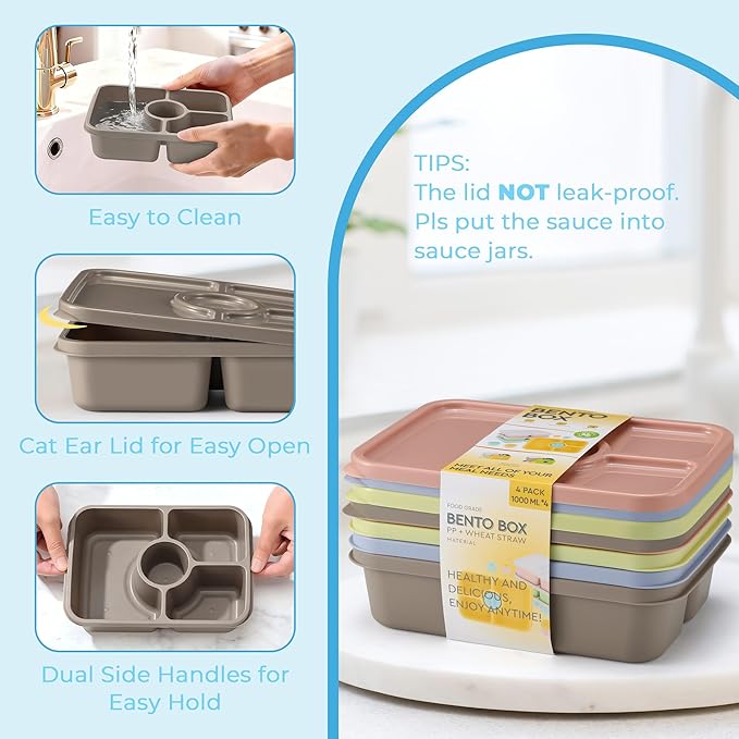 Bento Snack Box Containers, Reusable Meal Prep Lunch Containers for Adults Kids, Stackable Bento Snack Box 4 Pack, Divided Lunchable Food Storage Containers with Sauce Container, Earthy Brown