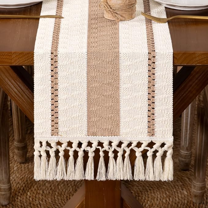 DeZerlor Boho Macrame Table Runner Spring Easter Farmhouse Woven Table Runner with Tassels 90 Inches Ivory& Khaki Cotton Linen Kitchen Table Decor for Dining Dresser Home Tea Table Decor